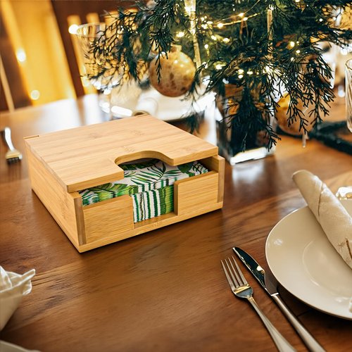 MOLEDINO Flat Napkin Holder for Table with Lid 13"x13", Large Modern Square Paper Napkin Holder for Dining Dinner Kitchen Cocktail Farmhouse Outdoor, Porta Servilletas de Mesa Elegantes (Bamboo)