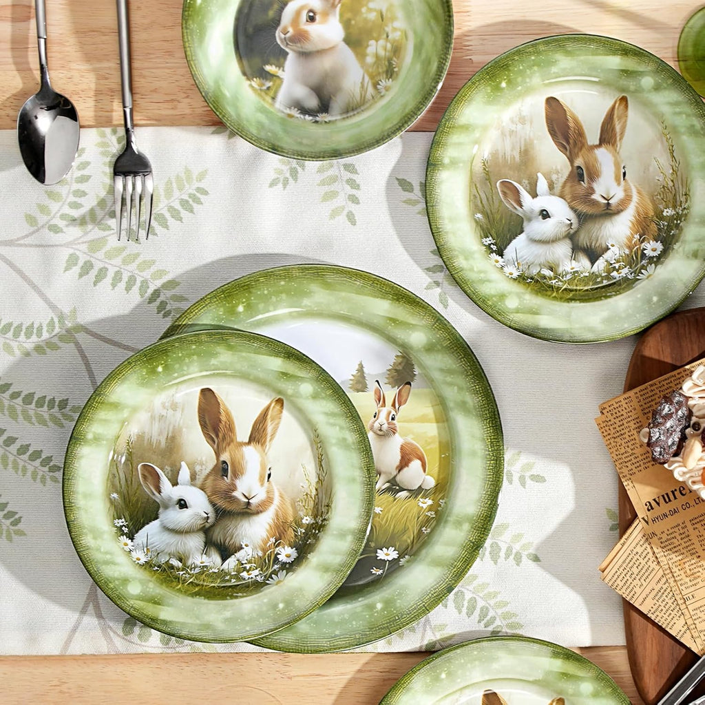 Skiennix 12-Piece Melamine Dinnerware Set - Lightweight Shatterproof Plates & Bowls for 4 | Green Bunny Design, Ideal for Picnics & Outdoor Parties
