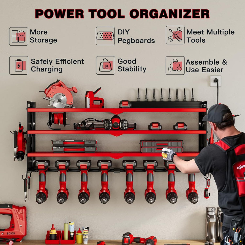 NattyDot Power Tool Organizer - Wall Mount Charging Station with 8 Drill Holders & 4 Layer Storage Rack (Red)