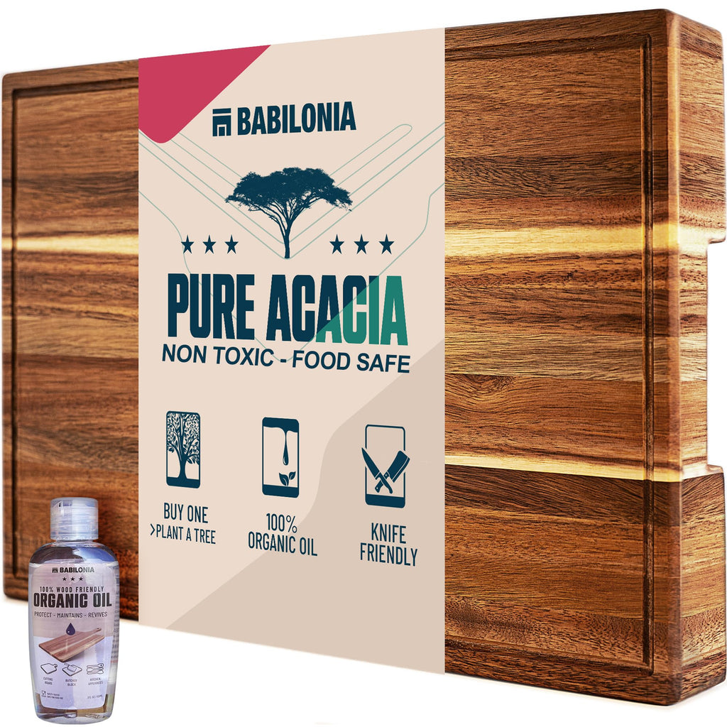 Acacia Wood Cutting Board for Kitchen 15.7 x 10.2 Inch (ExtraThick 1.6") Non Toxic Wooden Chopping Board for Meat, Cheese, Charcuterie Boards with Handle, Hardwood Butcher Block (Oil & Plate Included)