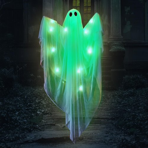 JOYIN Halloween Hanging Light up Ghost with Spooky Green LED Light, 47” Halloween Hanging White Ghosts Decoration for Front Yard Patio Lawn Garden Party Decor Indoor Outdoor