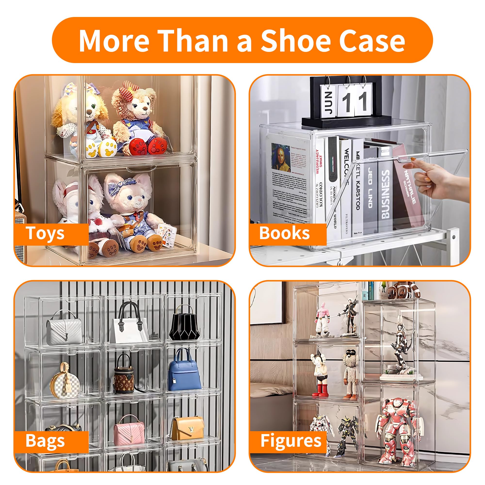 Seaniss 1 Pack Clear Acrylic Sneaker Shoe Display Case,Shoe Storage Boxes Stackable,Acrylic Boxes for Shoes Display with Lid,Boot Storage Organizer for Tall Boot,Purse Handbag Organizer for Closet