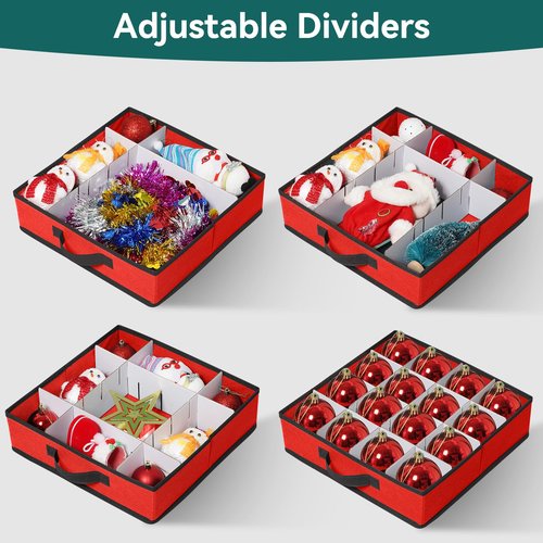 Peyulia Christmas Ornament Storage Box, Stackable Organizer with Lid and Pockets, Side Open, 8 Trays, 128-3" Holiday Ornament Container with Removable Trays and Adjustable Dividers, Red