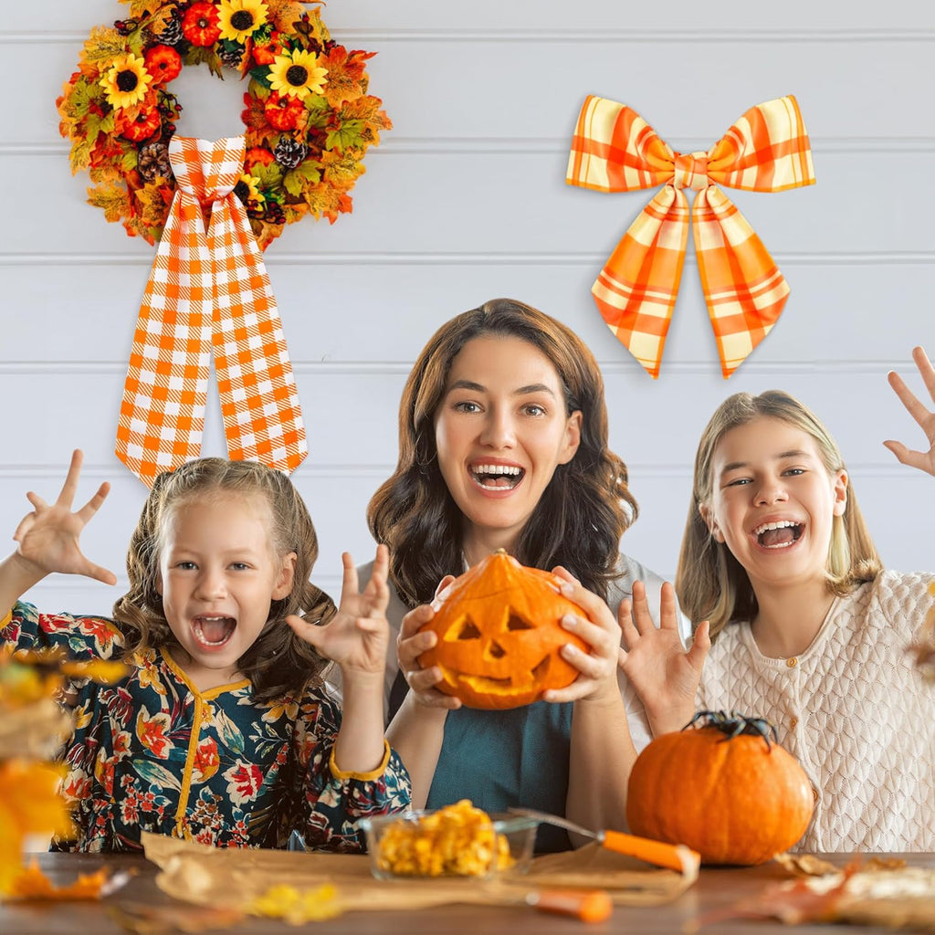 WATINC Wreath Sash - Autumn Orange 2pcs Buffalo Check DIY Bow for Front Door Decor | Thanksgiving Satin Accessories (56'' x 4.5'')