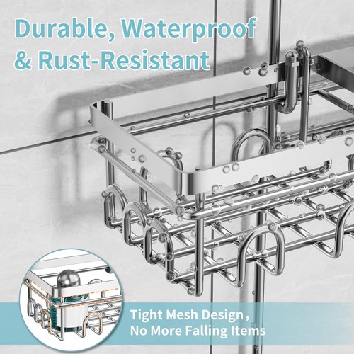 KEGII Shower Caddy - Rustproof Hanging Organizer with Soap Dish & Hooks | Fits Handheld Showerheads, Silver