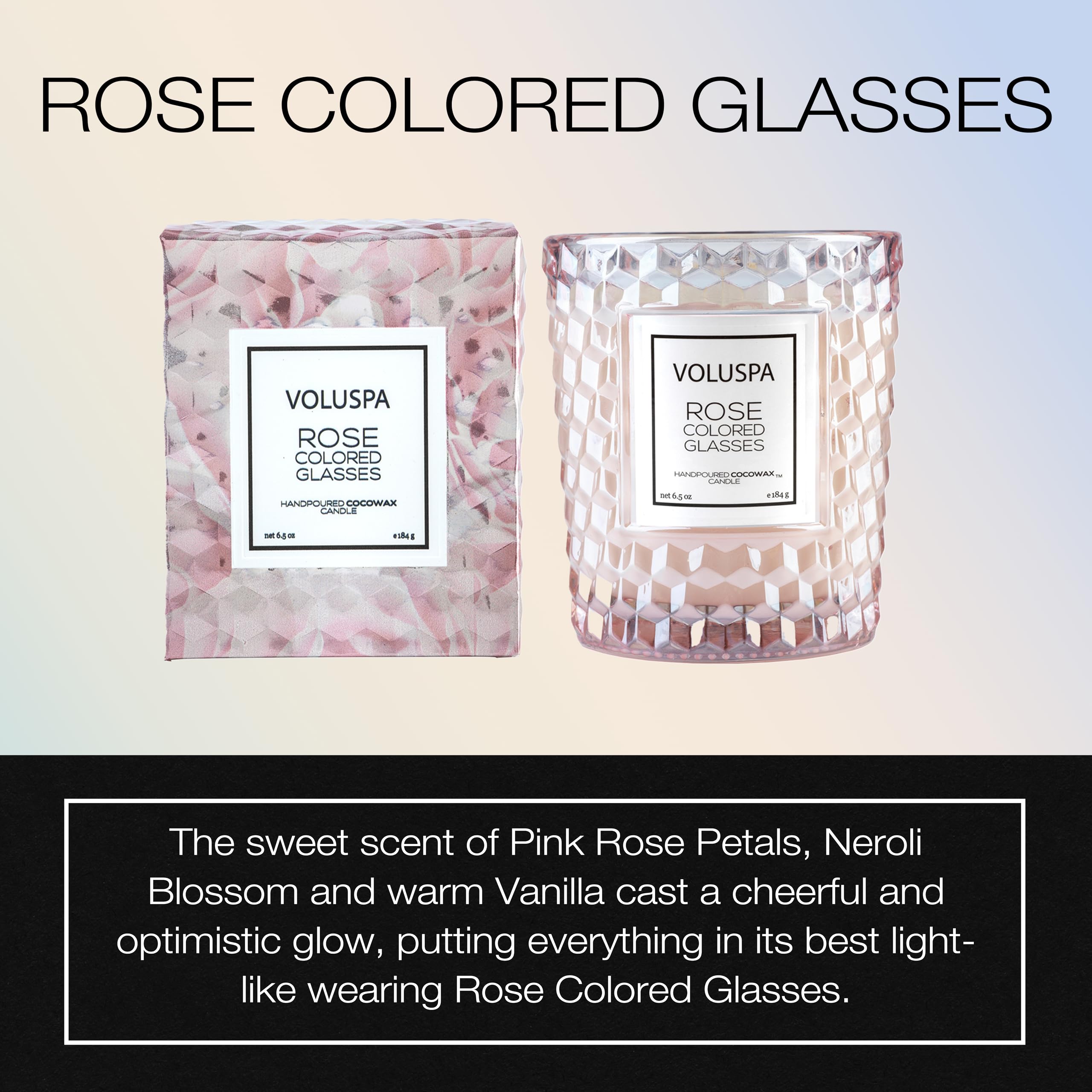 Voluspa Rose Colored Glasses, Classic Candle Jar, 6.5 Ounce, 40 Hour Burn Time, Coconut Wax for Clean Burning, Handcrafted in the USA