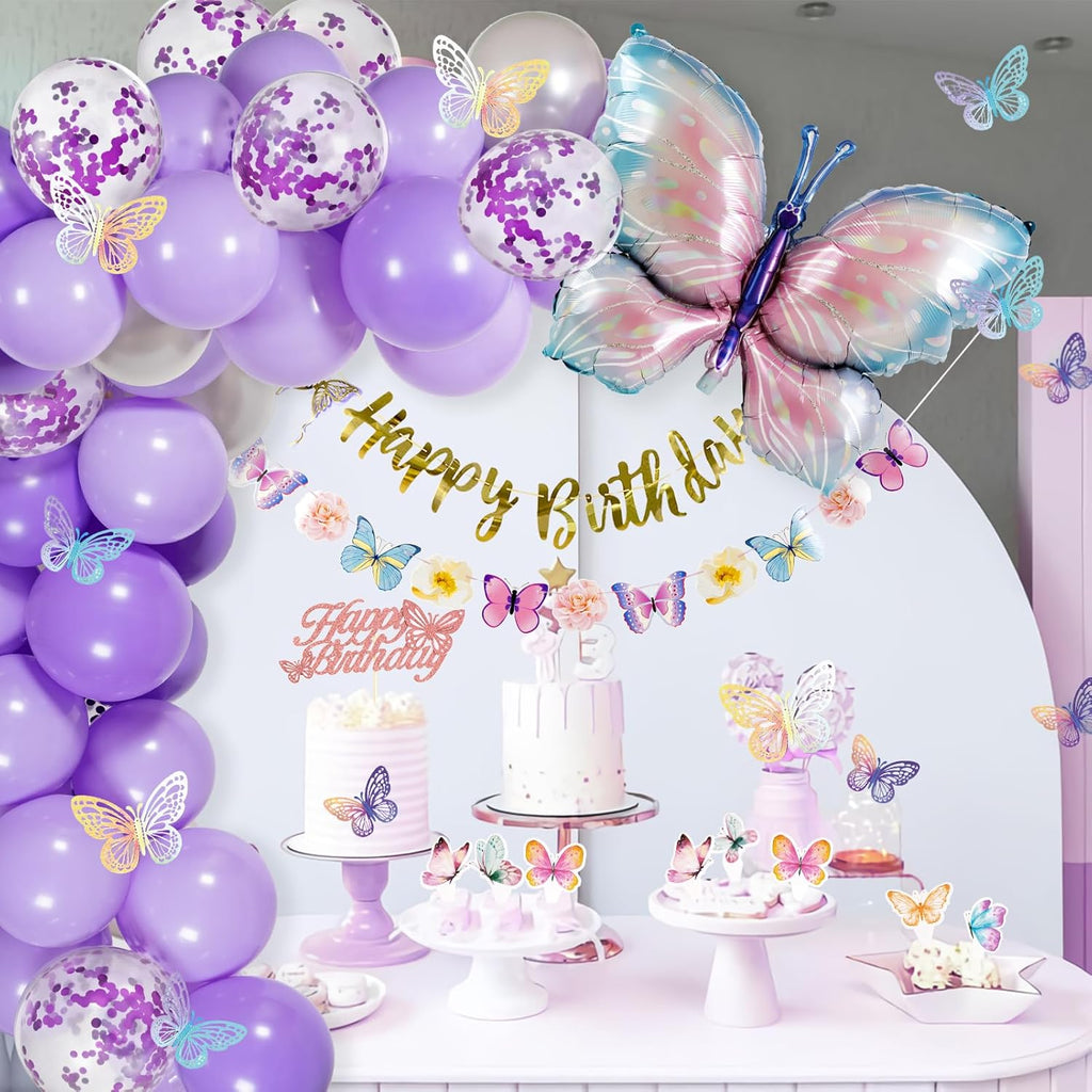 Butterfly Birthday Decorations - Purple Party Supplies with Balloons & Happy Birthday Banner