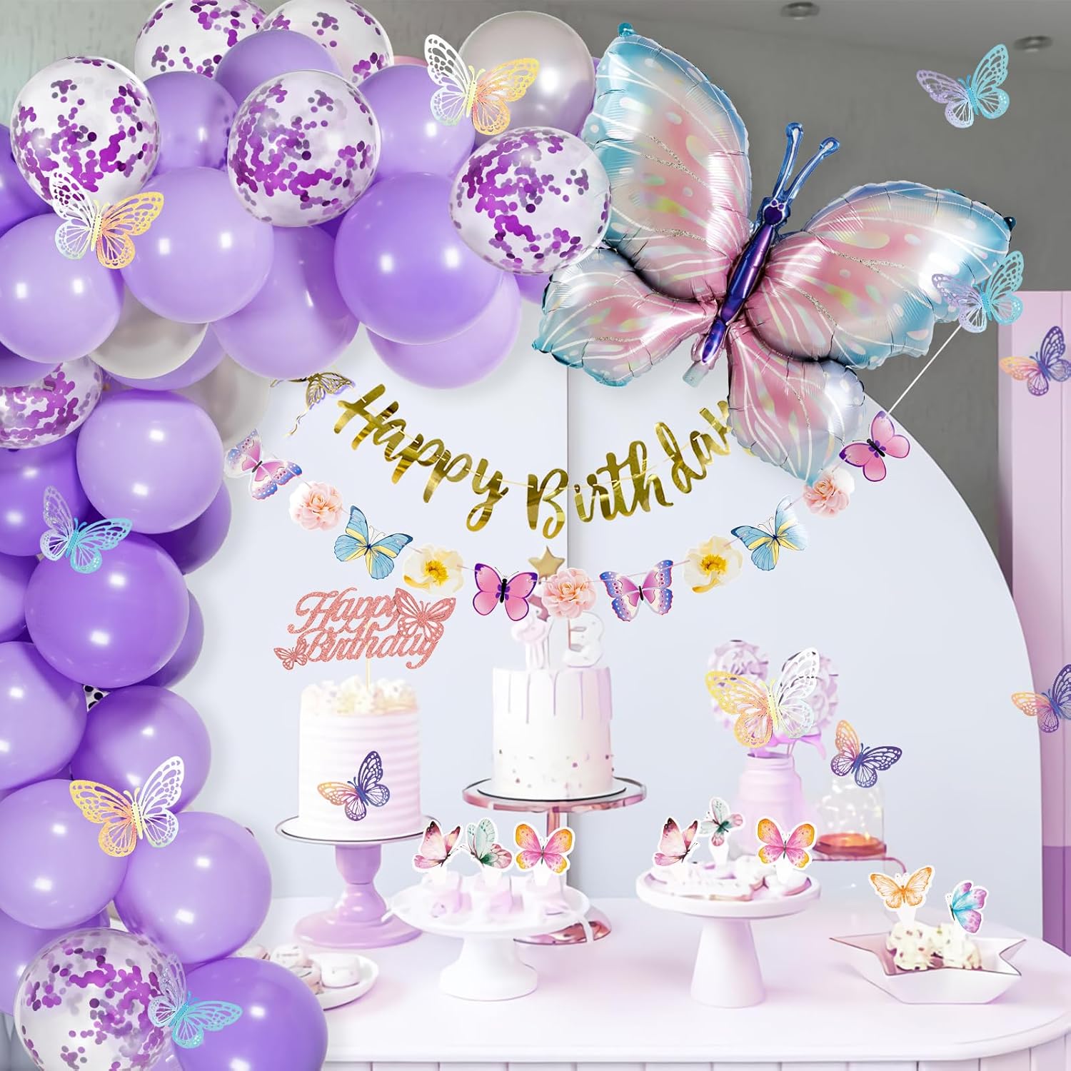 Butterfly Birthday Decorations - Purple Party Supplies with Balloons & Happy Birthday Banner