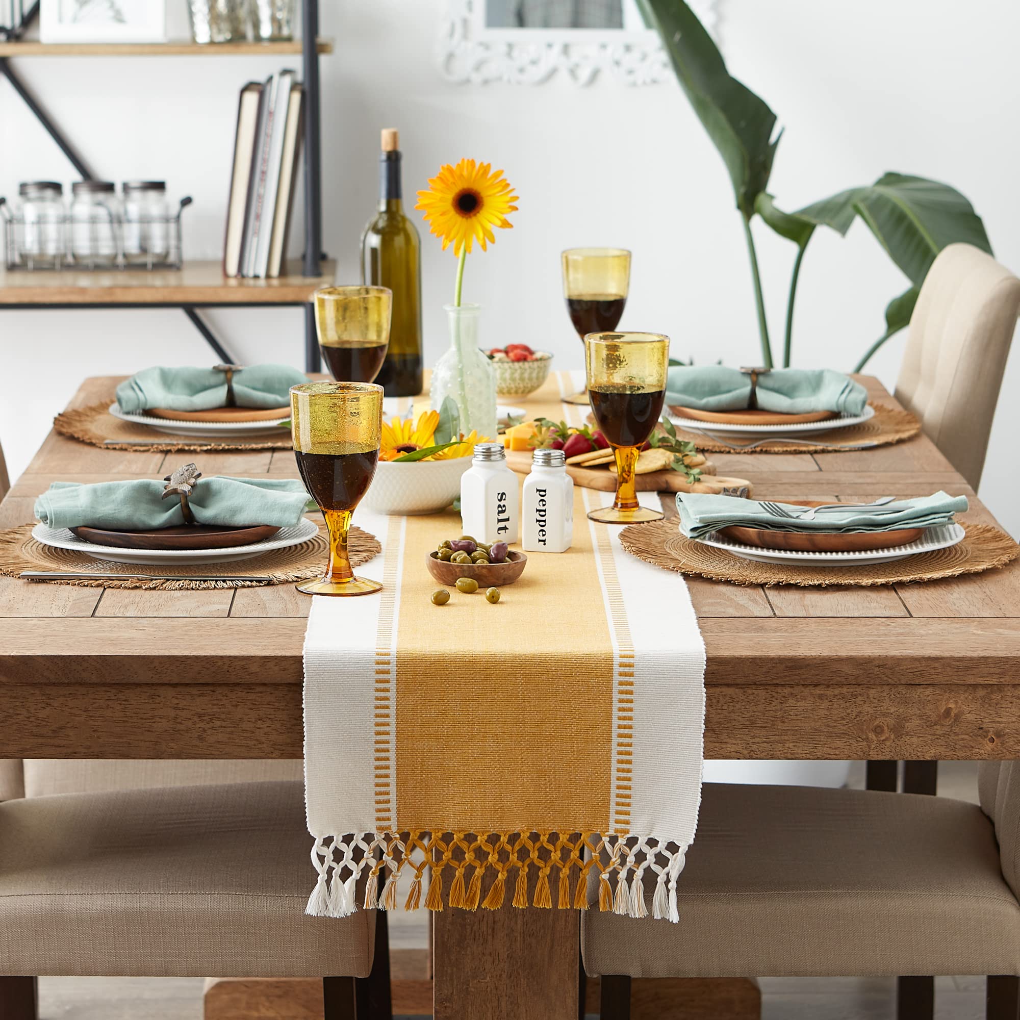 DII Dobby Stripe Woven Table Runner, 13x108 (13x113.5, Fringe Included), Honey Gold