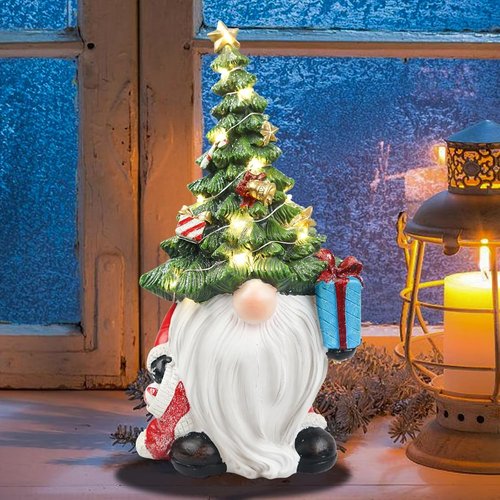 Lighted Christmas Tree Gnome Decoration - 11-Inch Resin Figurine for Festive Indoor Holiday Decor