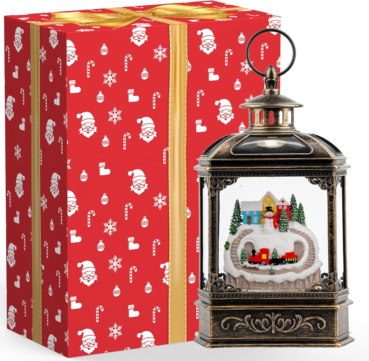 VISFLAIR Christmas Village Snow Globe Lantern - Musical Lighted Snowman & Train | Battery Operated or USB Powered