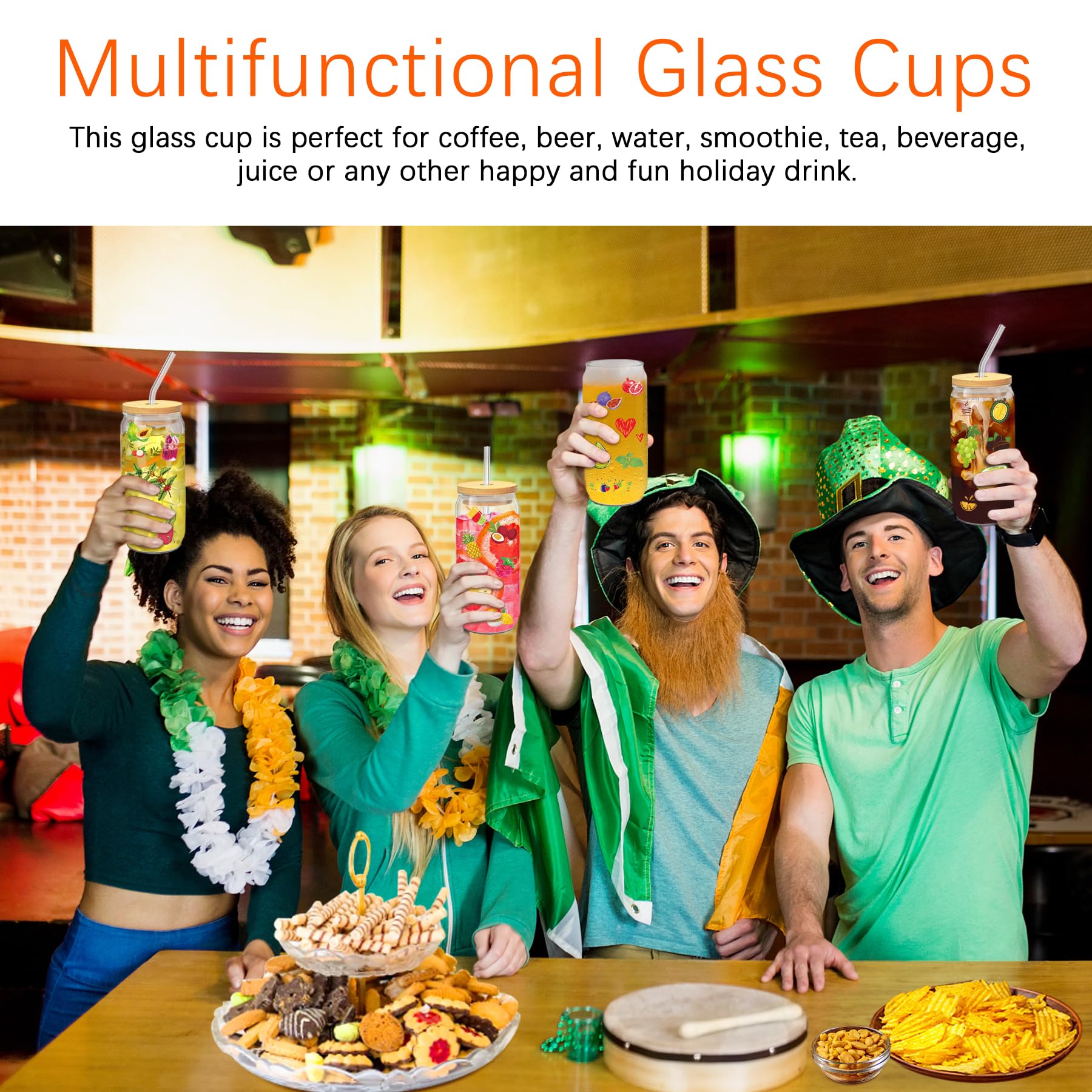 PeacePeo Glass Cups with Lids and Straws 20 Pcs 16 oz Ice Coffee Cup Skinny and Long Can Beer Cups Set Drinking Glasses with Bamboo Lids Reusable Glass Cups Ideal for Smoothies & Beverages