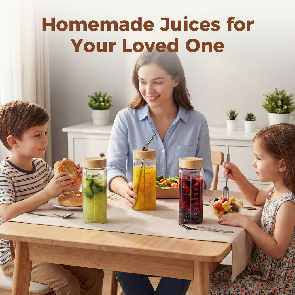 HomArtist 16oz Square Glass Juice Bottles with Lids, 6 Pack Reusable Juice Containers with Bamboo Lids, Glass Juicing jars with 4 Straws & 2 Airtight Lid with Hole for Drinking