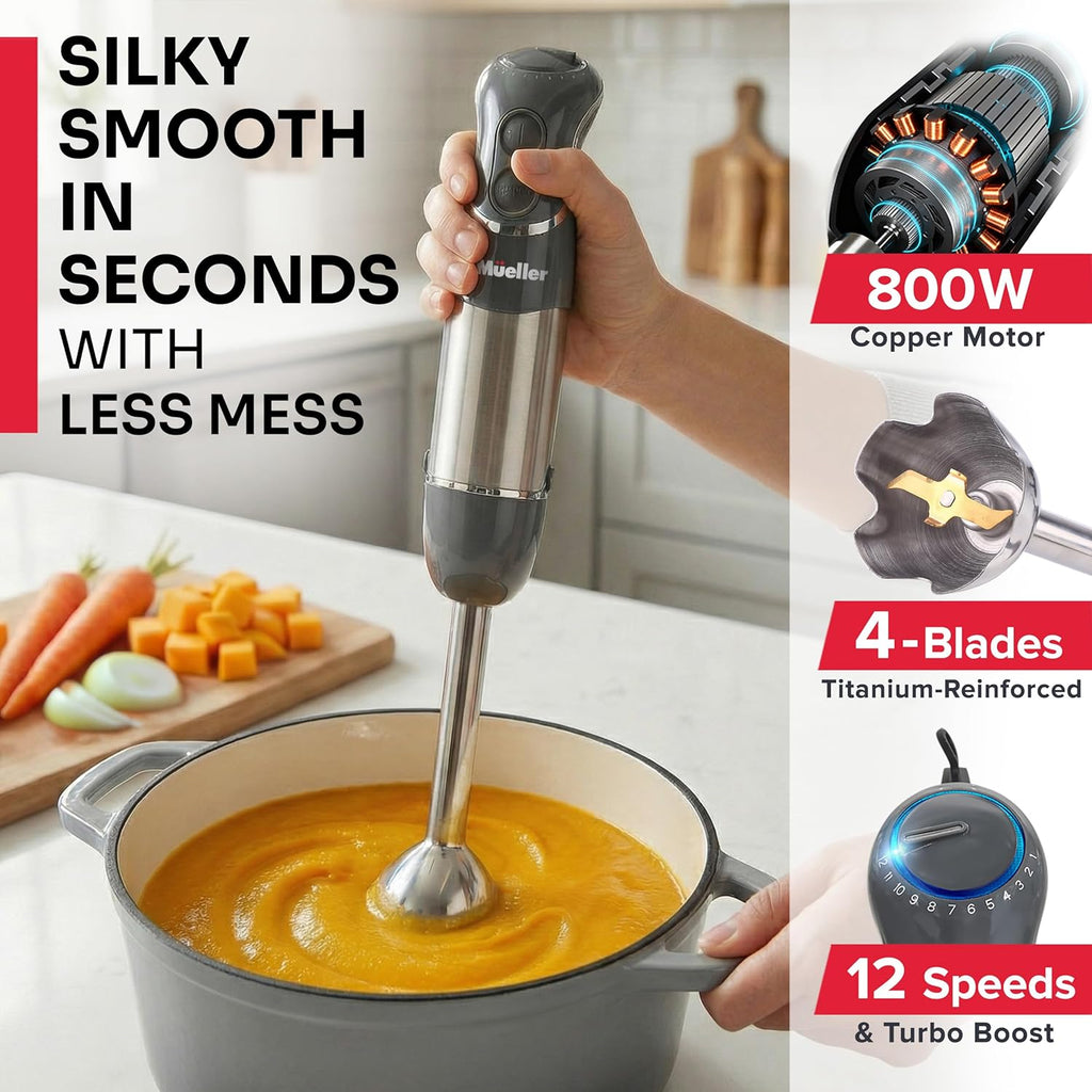 Mueller Multistick 5-in-1 Immersion Blender - 12-Speed Hand Mixer with Turbo Boost & Titanium Blades - Grey