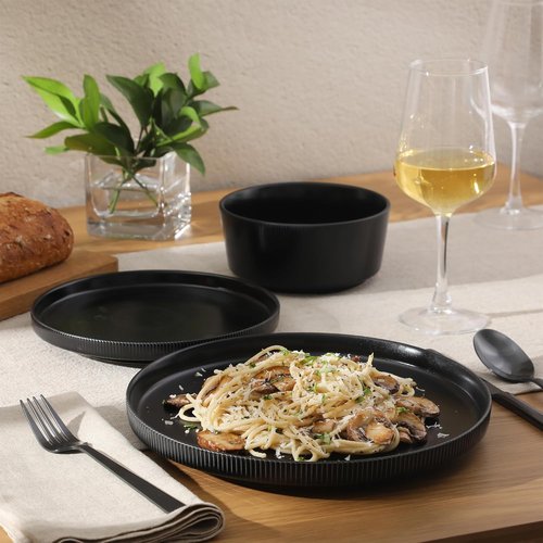 Gibson Home Dempsey Road 12-Piece Dinnerware Set - Modern Black Stoneware, Service for 4, Microwave & Dishwasher Safe