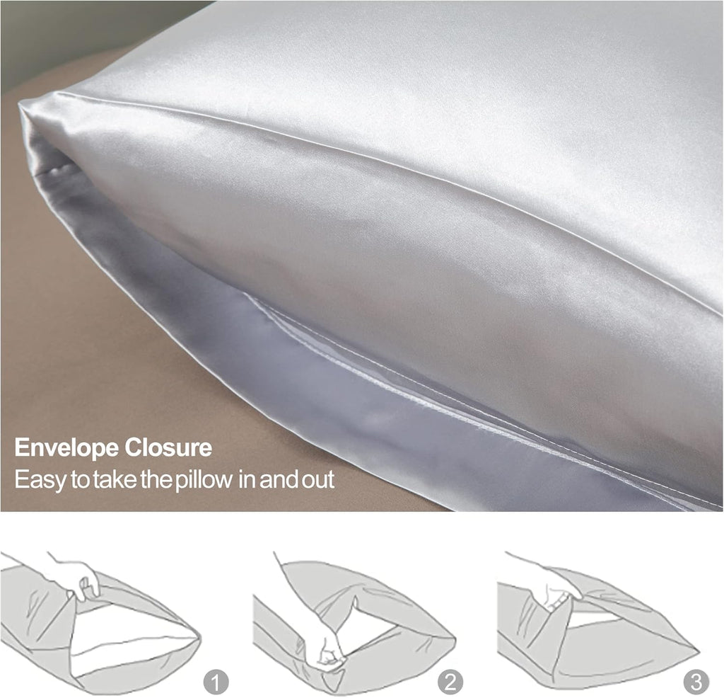 Skiennix Satin Pillowcases - Super Soft Silky Set of 2 for Hair & Skin | Standard 20x26 inches, Silver Grey