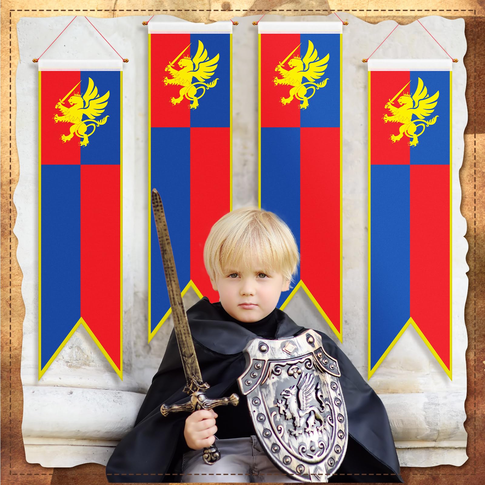 Oudain 4 ft Medieval Fantasy Pull-down Banner with Lion Design Hanging Party Bunting Banner Medieval Party Decorations Garden Cutouts Flag for Castle Theme Festival Birthday Decor(4 Pcs)
