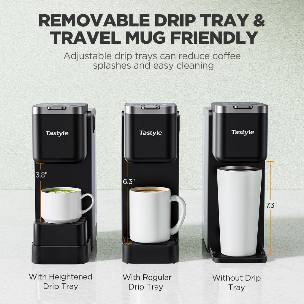 Tastyle Single Serve Coffee Maker with Built-in Detachable Milk Frother, Iced and Hot Coffee Machine for K Cup & Grounds, 40oz Removable Water Reservoir, 6 Cup Sizes, Fits 7.3" Travel Mug, Black