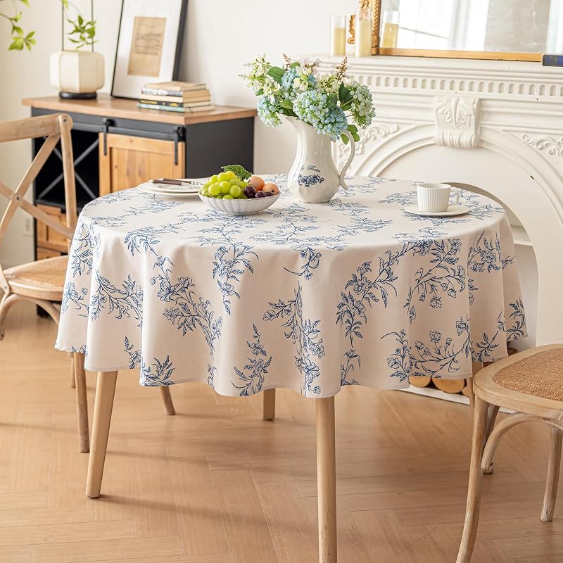 Round Tablecloth 70 Inch - Faux Linen Water-Resistant Floral Blue, 70" Diameter