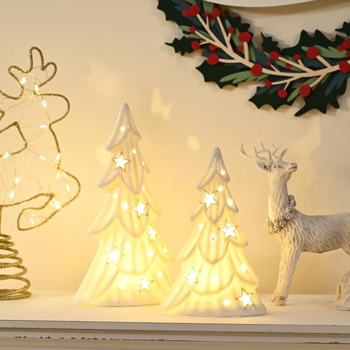 AOMOONOA Ceramic White Christmas Trees - Light Up Tabletop Porcelain Xmas Tree Figurines | 2-Piece Set