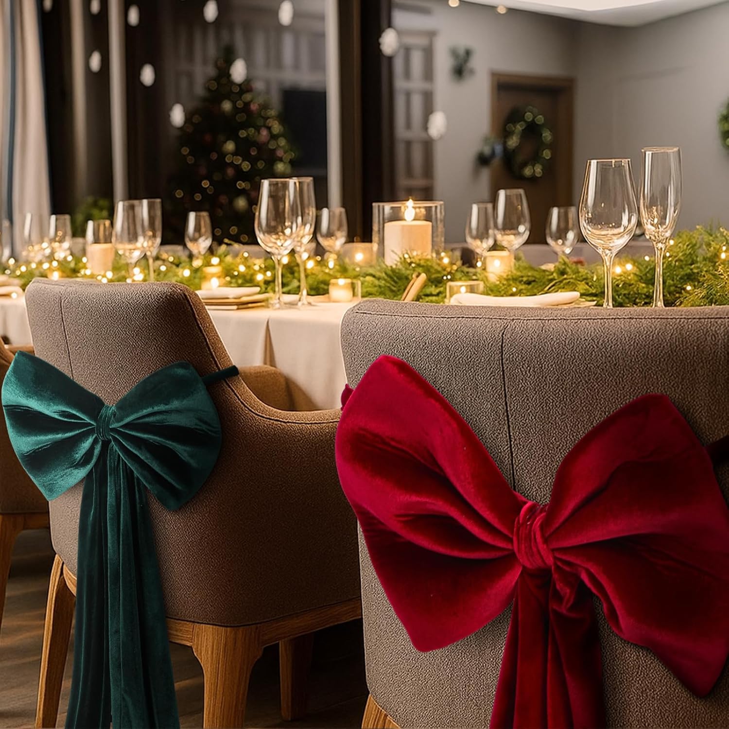 Suncalla Velvet Chair Bows - Elegant 12 x 43 Inch Red & Green Sashes for Weddings, Parties & Decor