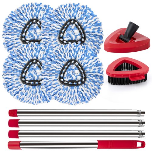Spin Mop Head Replacement Base Handle Compatible with O Cedar Rinse Clean 2-Tank System, 4 Replace Heads, 1 Mop Handle, 1 Base and 1 Scrub Brush Combo Set