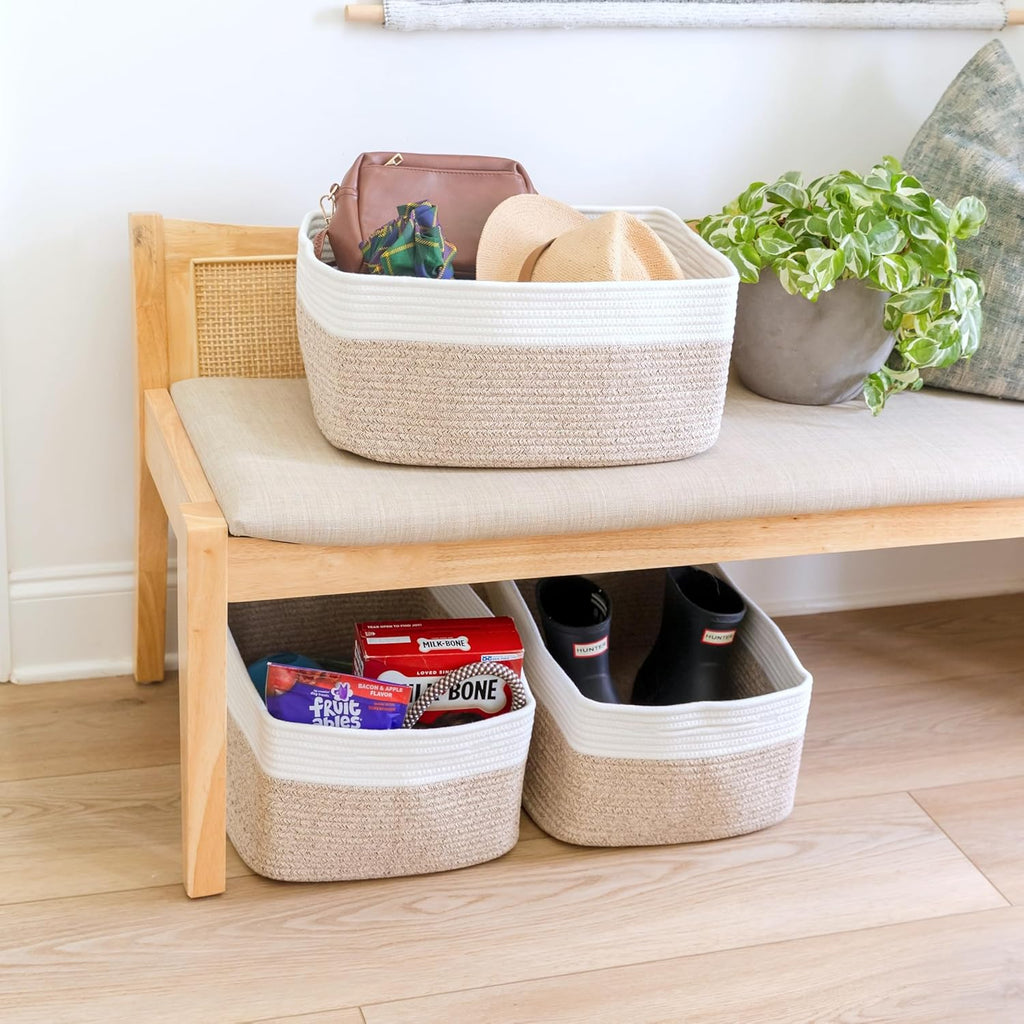 NaturalCozy Storage Baskets - 3-Pack Cotton Rope Bins for Organizing | 16.8”x13”x7.6” | Versatile Toy, Laundry, and Closet Storage