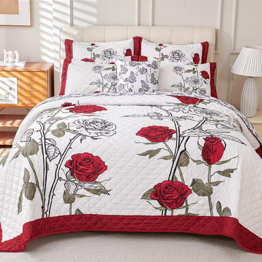 EVENHUG Quilt Queen Size Red Rose Bedding Set Floral Bedspread Lightweight Reversible Bed Cover with 2 Pillow Shams for All Seasons 3 Pieces (92"X96")