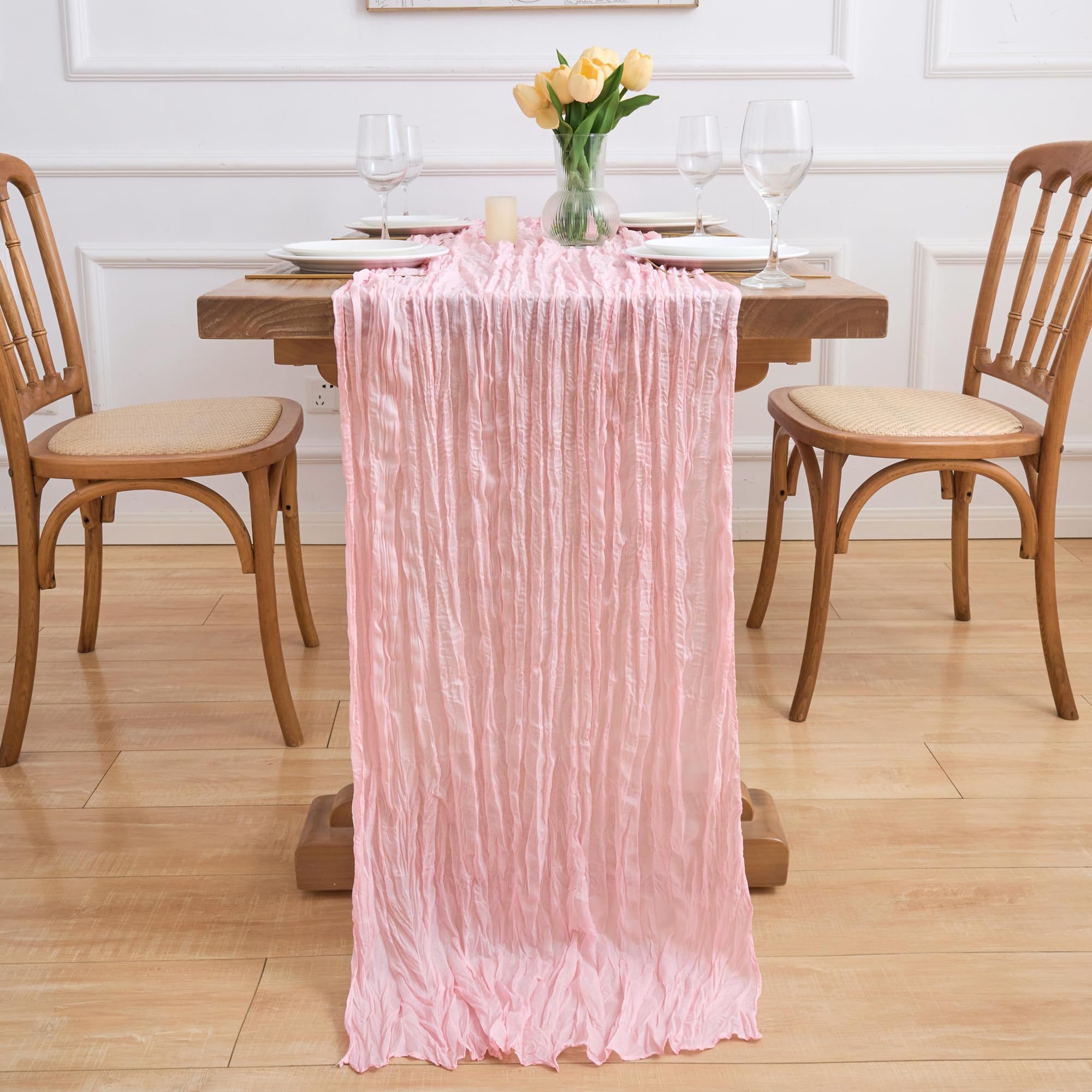 Asee'm 2pcs Cheesecloth Table Runner 120 Inches Blushing Pink Boho Gauze Cheese Cloth Runner 10FT Rustic Sheer Table Runners for Easter Spring Summer Wedding Baby Shower Holiday Party Decoration
