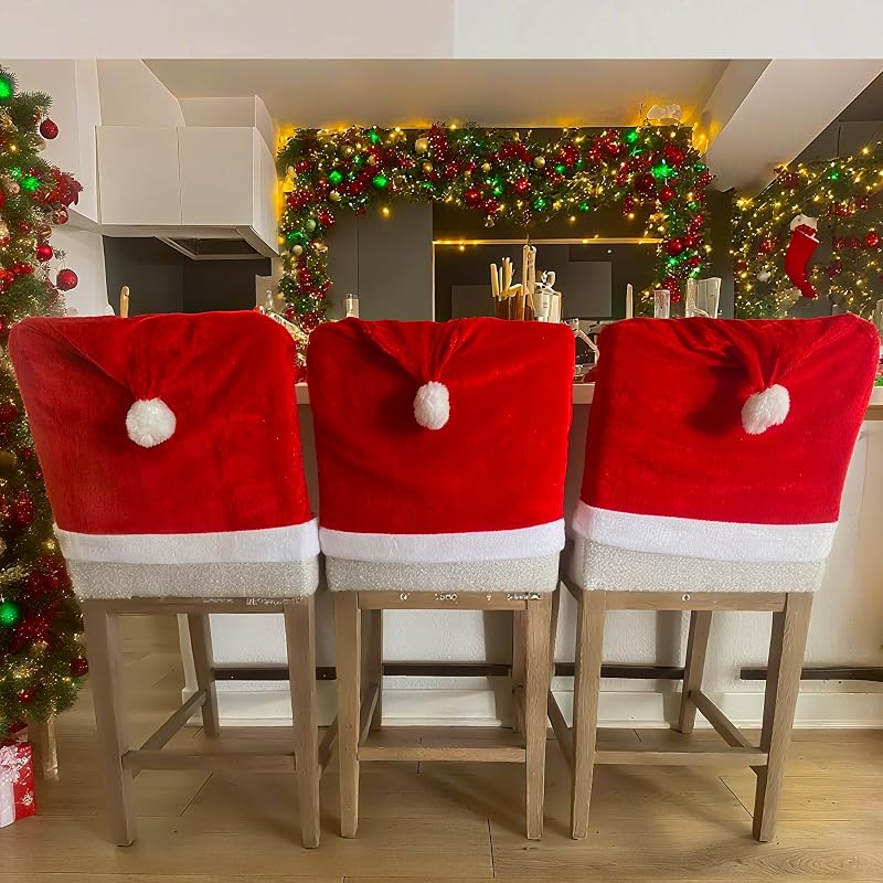 Holiday Christmas Chair Covers Set of 4 with Red Variation - Stretchable Parson Chair Slipcovers