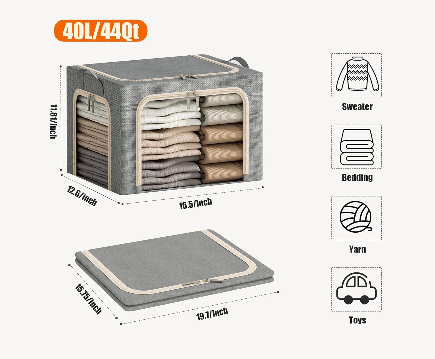 Skiennix Foldable Clothes Storage Bins - Durable Metal Frame with Clear Window | 3 Pack, Light Grey, 40L