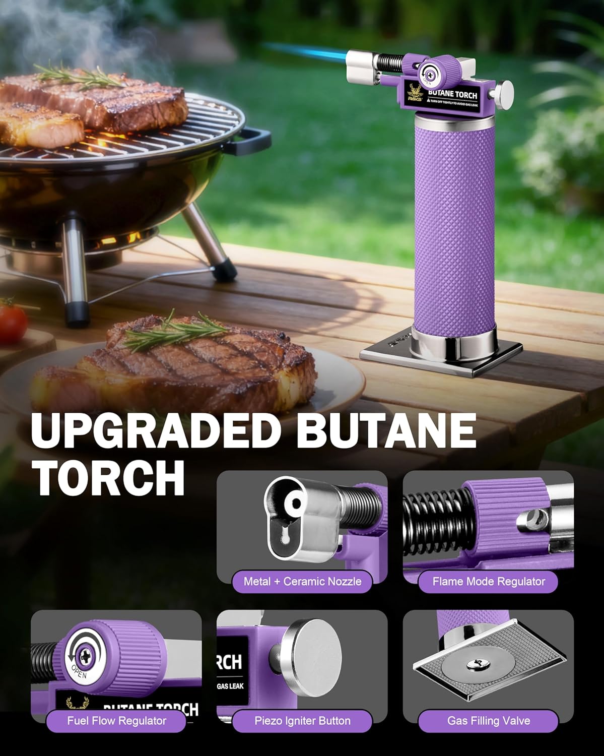 RAVS Butane Torch Lighter - Refillable Kitchen Torch with Adjustable Flame & Safety Buckle - Purple