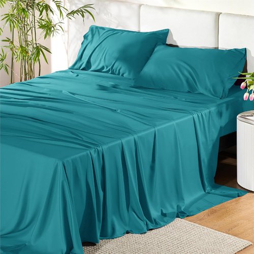Bedsure King Size Cooling Sheets Set - Breathable Rayon from Bamboo, Soft & Luxurious, Turquoise