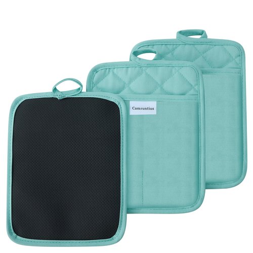 Camruntius Kitchen Pot Holders, 7"x9", Rectangular with Pocket, Cotton and Neoprene Heat-Resistant Potholders for Cooking and Baking, Machine Washable, 3-Piece Set (Sky Blue)