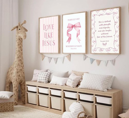 Christian Wall Art by 3Pcs - Inspirational Pink Canvas Prints | Eclectic Aesthetic Decor for Teen Girls 12x16in