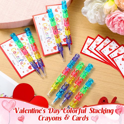 Noveread 24 Valentines Cards and Stacking Crayons 24 Pcs 5 Colors Panda Buildable Crayons 24 Pcs Valentines Greeting Cards for Prizes Goodie Bag Fillers Party Supplies