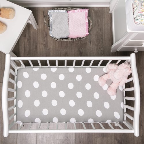 EVERYDAY KIDS 2 Pack Baby Cradle Sheets - Fitted Set for Baby Girl; 100% Cotton Jersey Knit, Breathable and Soft Cradle Mattress Pad Cover; Pink and White Heart Design Sheet and Gray Polka Dots Sheet