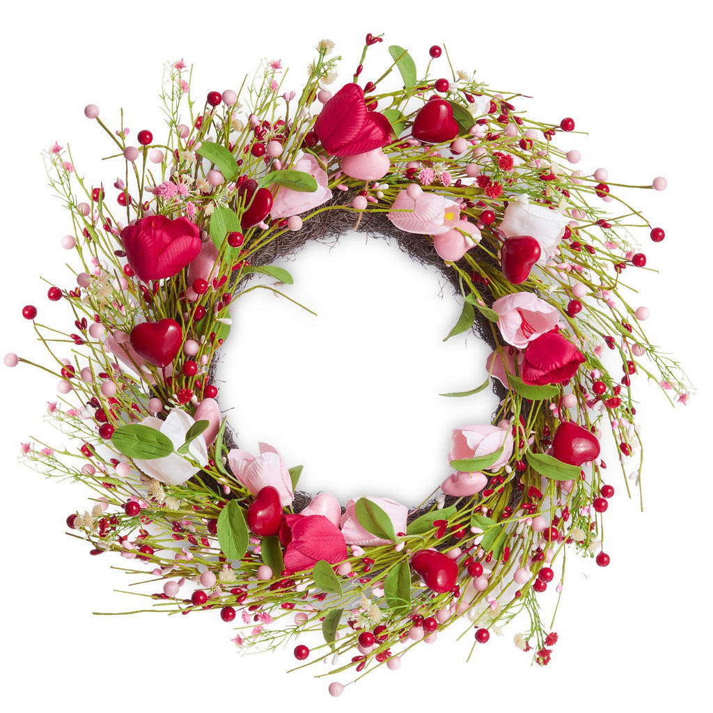 WDS WONDROUS 18.8 Inch Valentine's Day Wreath, Red Pink White Tulip Heart Wreath for Front Door Decor, Spring Wedding Anniversary Party Decoration