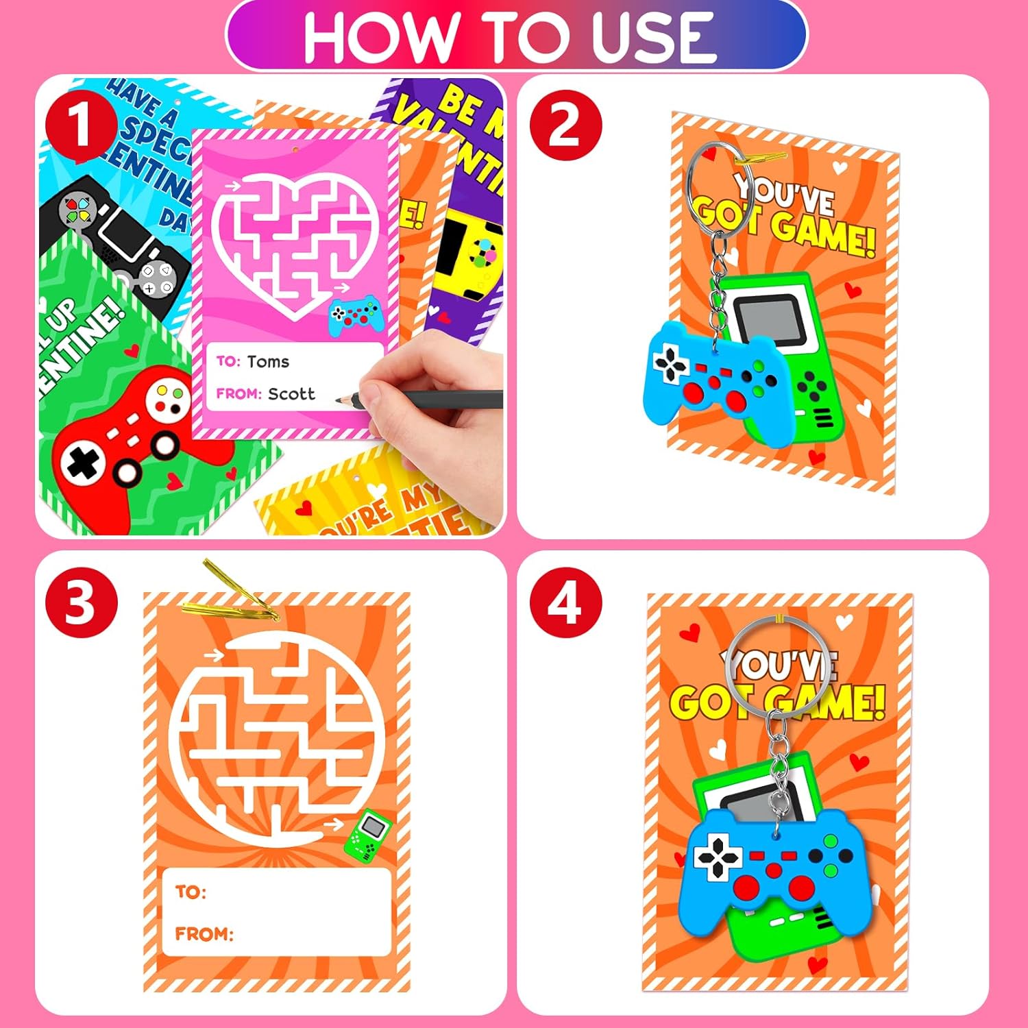 Skiennix 30-Pack Valentine's Day Cards & Video Game Keychains | Perfect Classroom Exchange Gifts for Kids