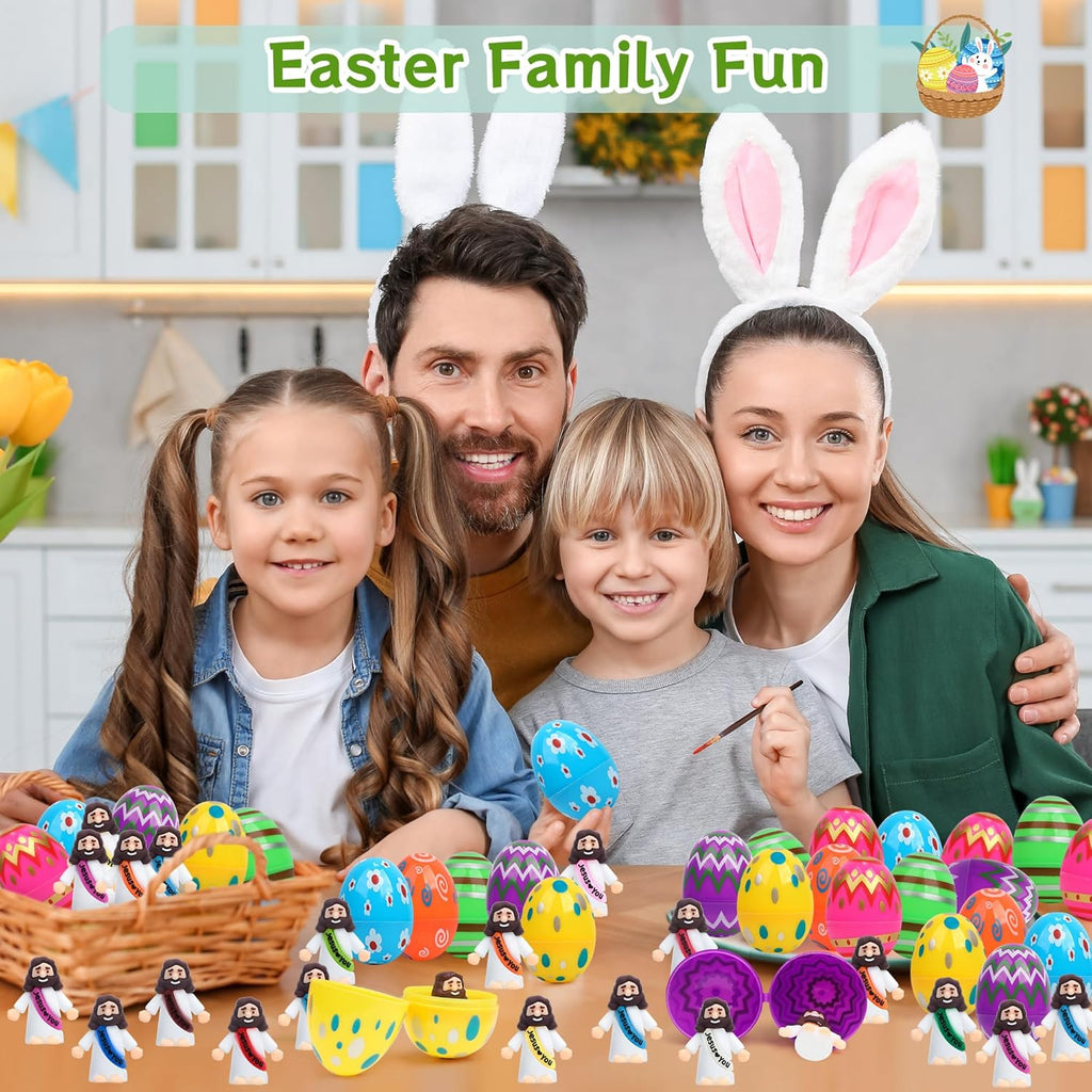 Skiennix Easter Basket Stuffers - 60 PCS Colorful Eggs & Religious Jesus Figurines for Kids