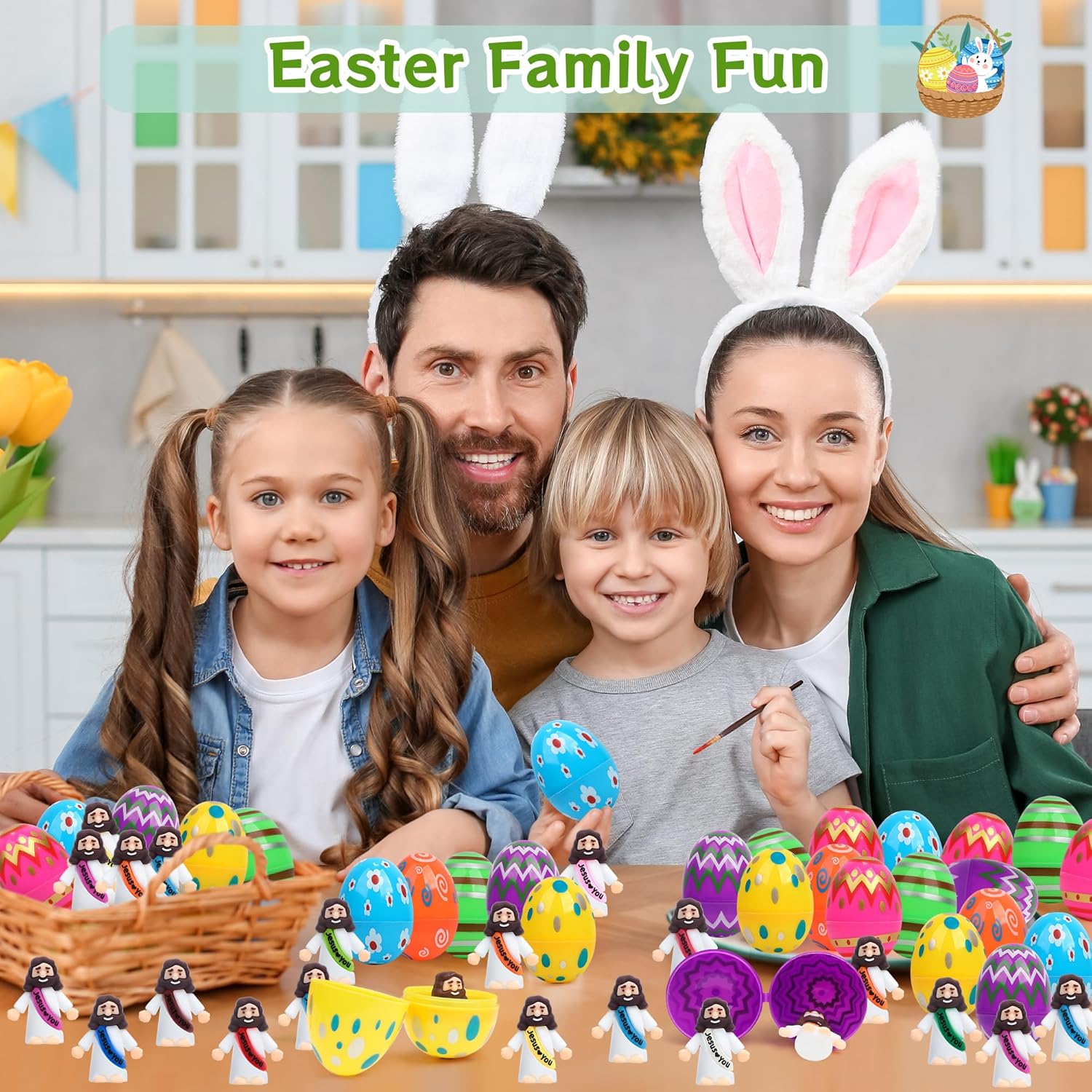 Skiennix Easter Basket Stuffers - 60 PCS Colorful Eggs & Religious Jesus Figurines for Kids