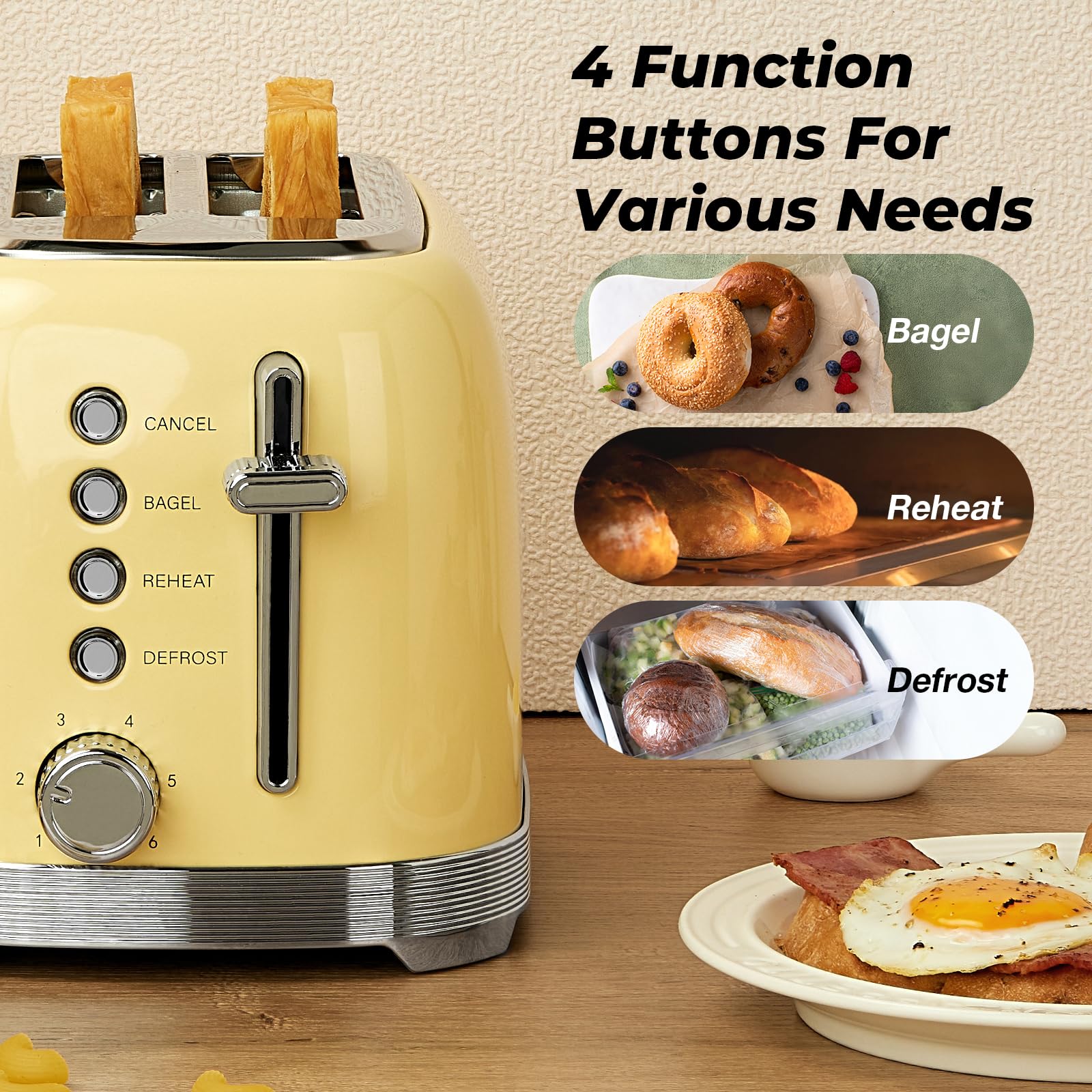 Culinaid Toaster 2 Slice Retro Stainless Steel with 1.5” Extra Wide Slots Bagel, Defrost, Reheat, Cancel Functions, 6 Bread Shade Settings, Removable Crumb Tray, Yellow