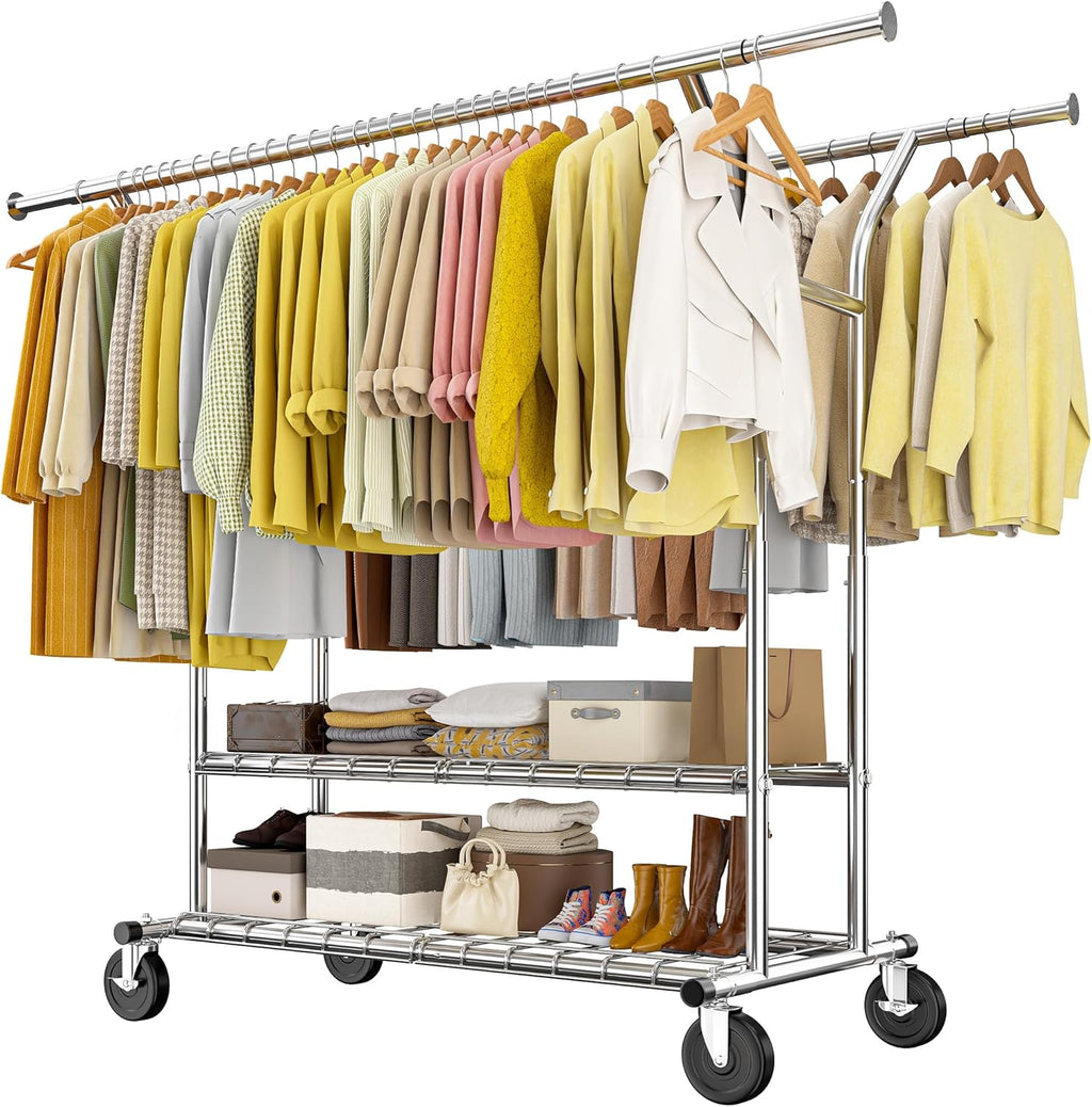Raybee Heavy-Duty Clothing Rack - 630 LBS Capacity | Rolling Metal Garment Rack for Closet & Laundry Room