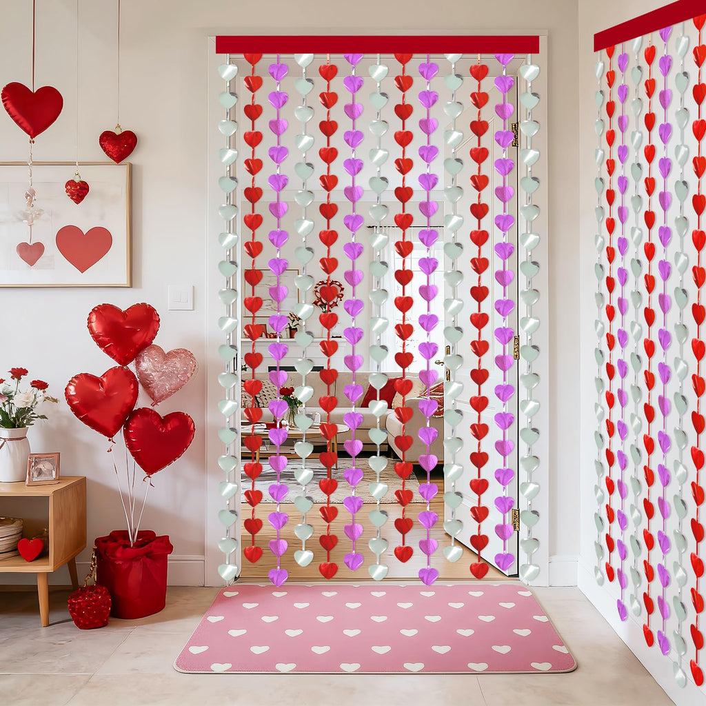 Valentines Decorations, 2 Pack Heart Foil Fringe Curtains 3.3x6.6ft, Red Purple Silver Tinsel Streamer Backdrop, Valentines Photo Backdrop for Party, Galentines, Birthday, Engagement