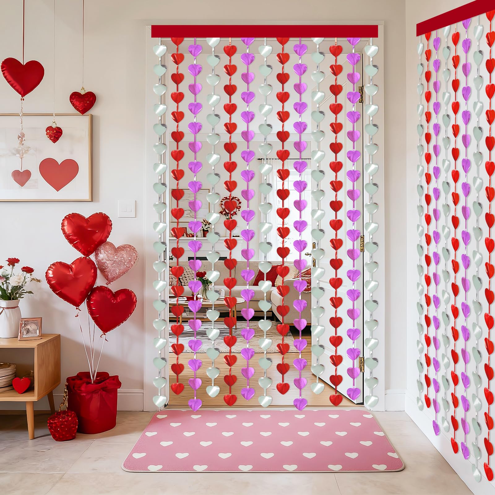 Valentines Decorations, 2 Pack Heart Foil Fringe Curtains 3.3x6.6ft, Red Purple Silver Tinsel Streamer Backdrop, Valentines Photo Backdrop for Party, Galentines, Birthday, Engagement