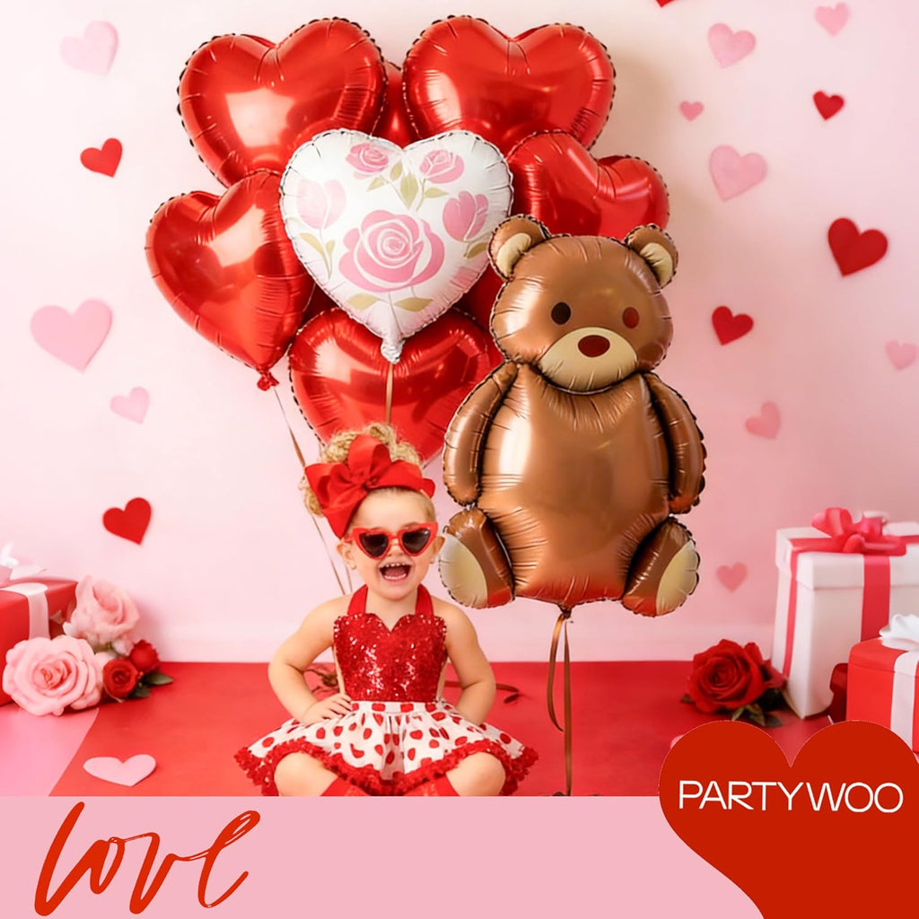 PartyWoo Valentine's Balloons - 15pcs Foil Bear & Red Heart Balloons | 24" & 18" for Romantic Celebrations