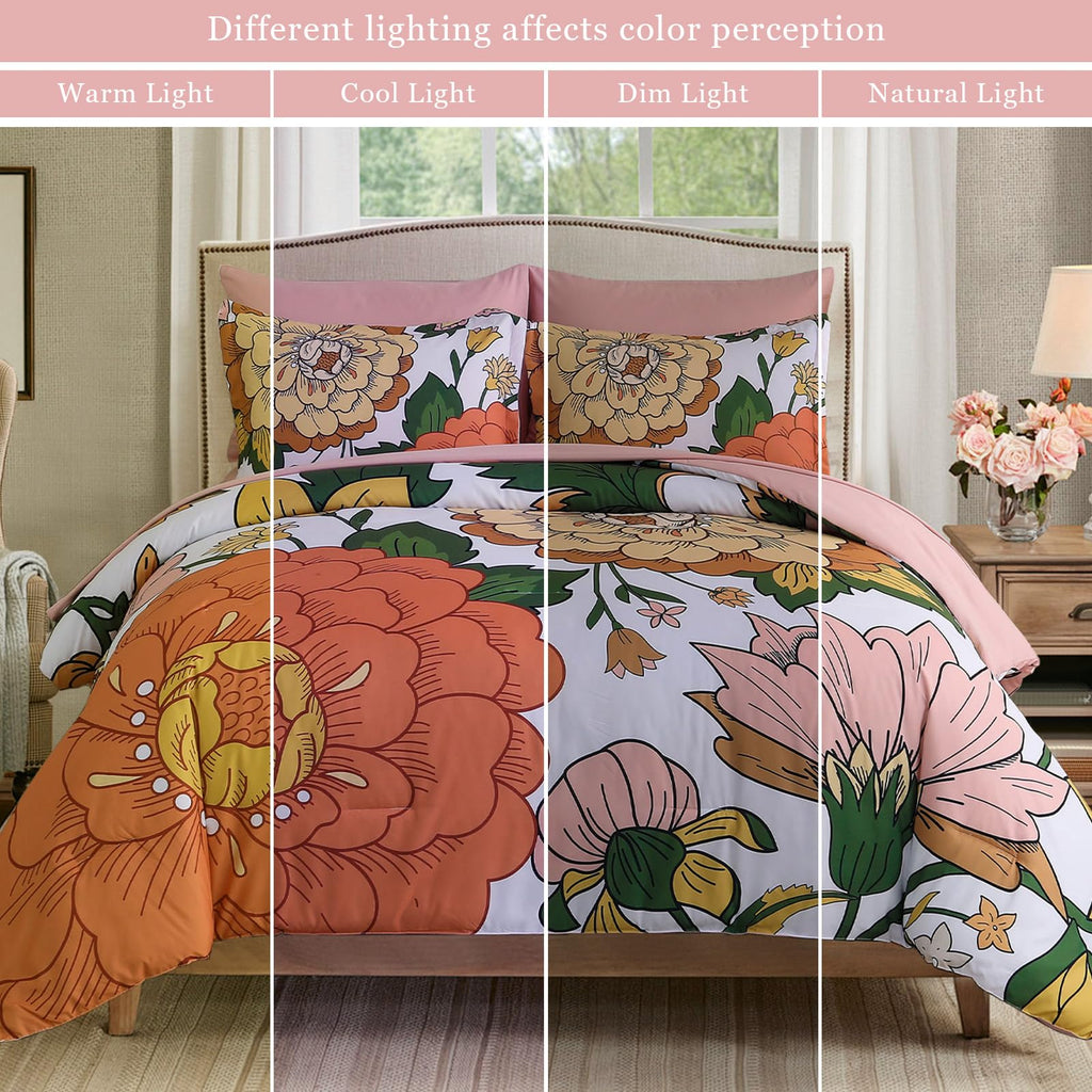 Djoymock Floral Comforter Set, Pink Orange Bedding Set Queen Size 7 Piece Boho Chic Flower Bed in a Bag Revesible Microfiber Winter Down Alternative Bed Set with Pillowcases & Shams,Sheets