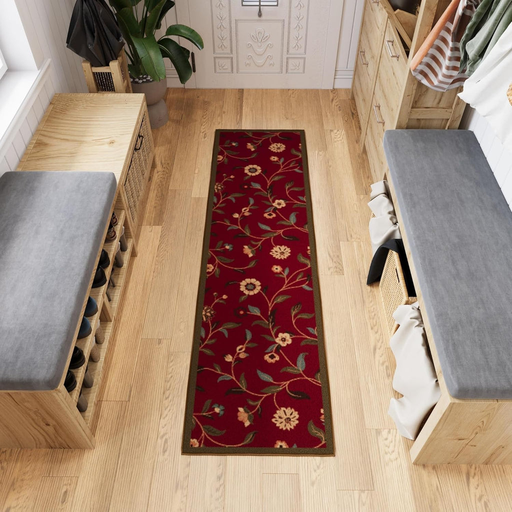 Ottomanson Hallway Runner Rug - Non-Slip Floral Design | Easy to Clean 1'10" x 6' Red Carpet for Entryway & Living Room