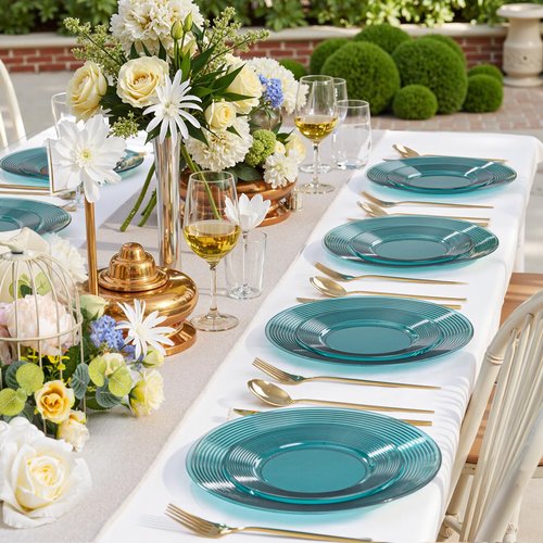 FLOWERCAT 100PCS Clear Blue Plastic Plates - Heavy Duty Plastic Plates Disposable -Straw hat plate for Birthday party &Wedding - Serve for 50Guests party(10inch & 7inch)(Mediterranean Blue)