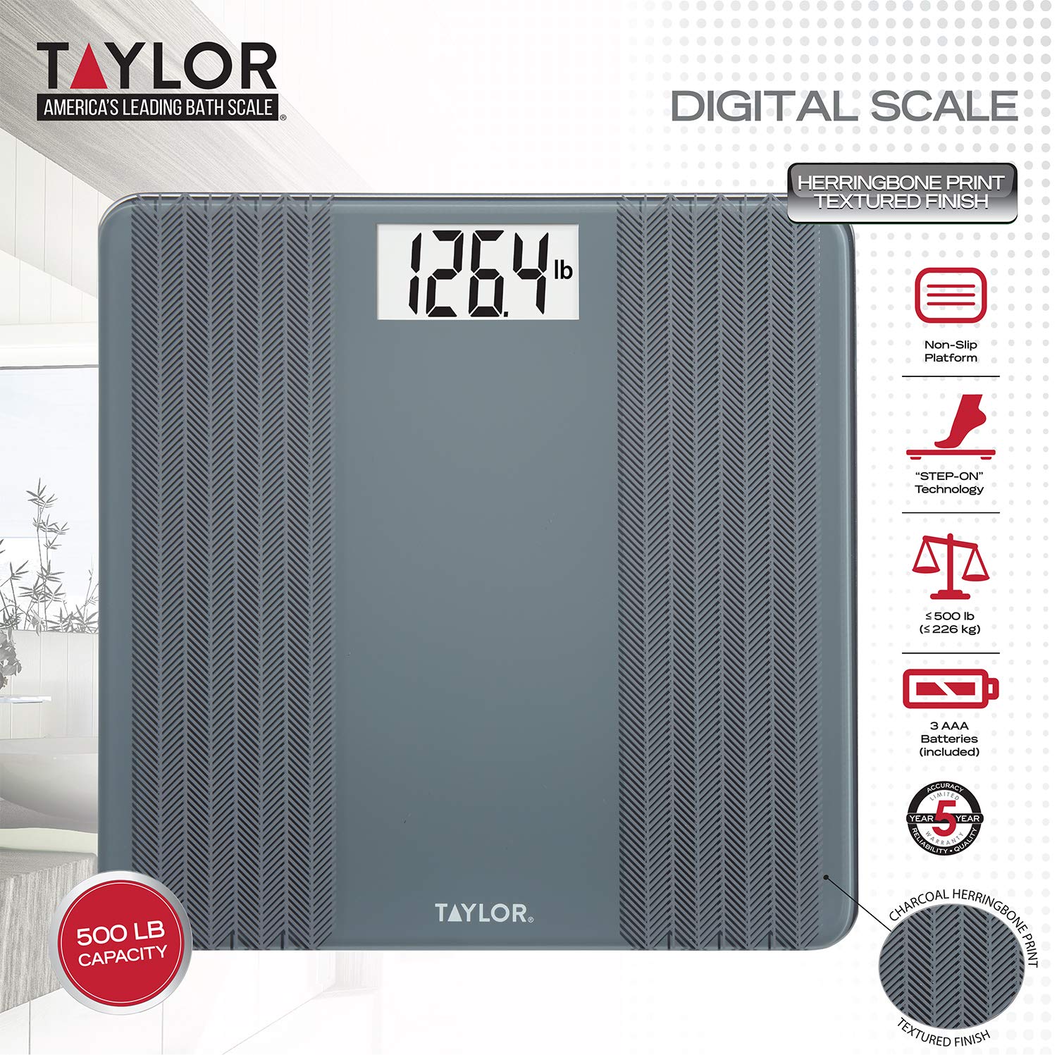 Taylor Glass Textured Paint Herringbone Design Digital Bathroom Scale, Gray, 5273274